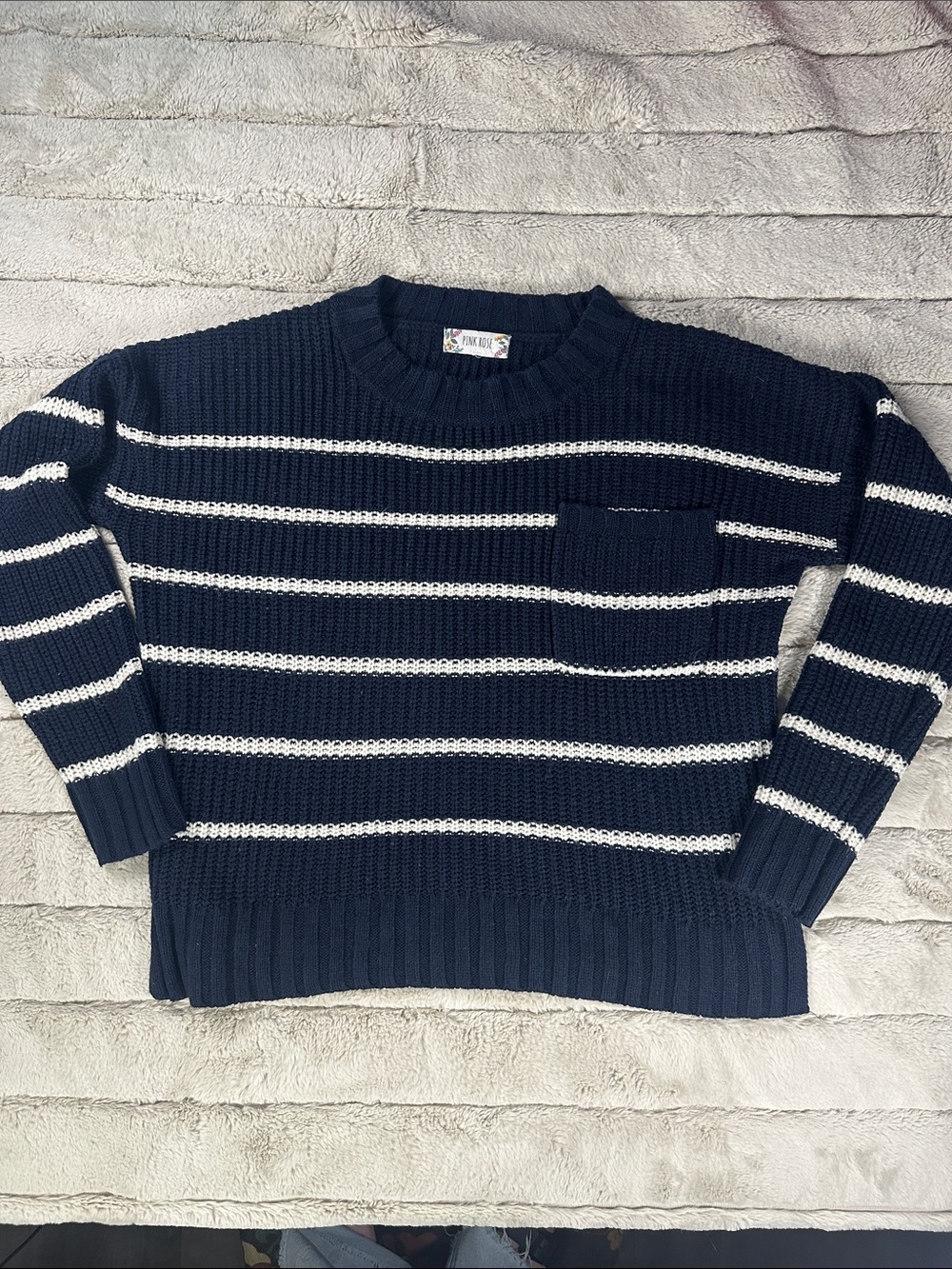 Pink Rose Navy and White Striped Mid-Weight Fall Sweater, Juniors XL